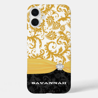 Yellow Personalized Faux Rhinestone Damask iPhone 16 Plus Case