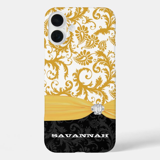 Yellow Personalized Faux Rhinestone Damask iPhone Case-Mate iPhone Case (Back)