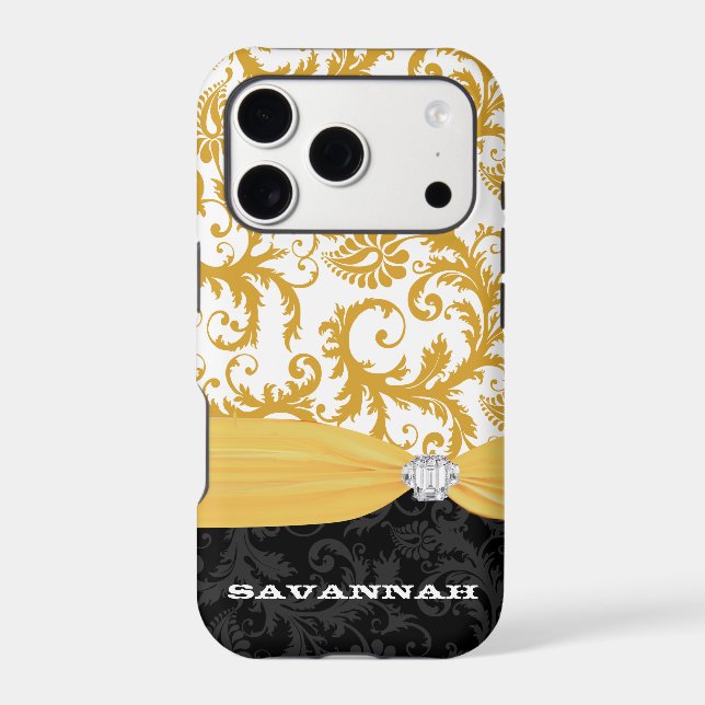 Yellow Personalized Faux Rhinestone Damask iPhone Case-Mate iPhone Case (Back)