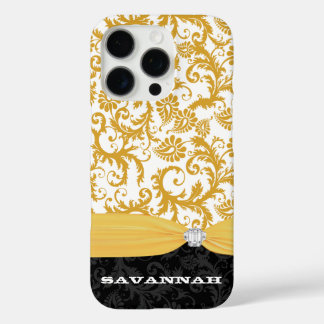 Yellow Personalized Faux Rhinestone Damask iPhone 16 Pro Case