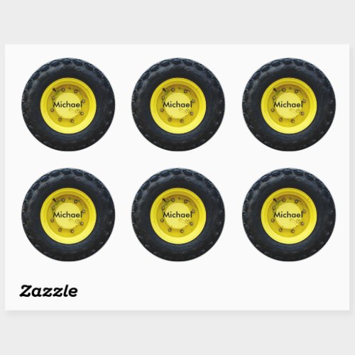 yellow personalized name tractor wheel tire classic round sticker