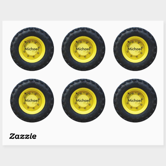 yellow personalized name tractor wheel tire classic round sticker (Sheet)