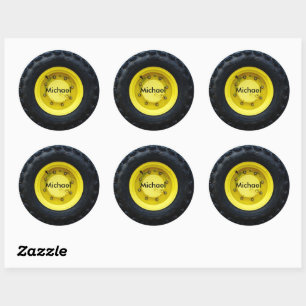 yellow personalized name tractor wheel tire classic round sticker