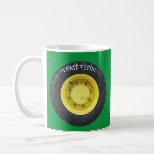 yellow personalized name tractor wheel tire coffee mug