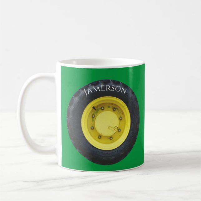 yellow personalized name tractor wheel tire coffee mug (Left)
