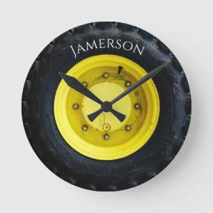yellow personalized name tractor wheel tire round clock