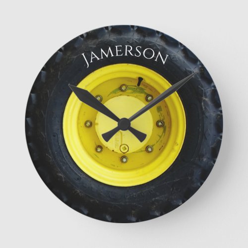 yellow personalized name tractor wheel tire round clock