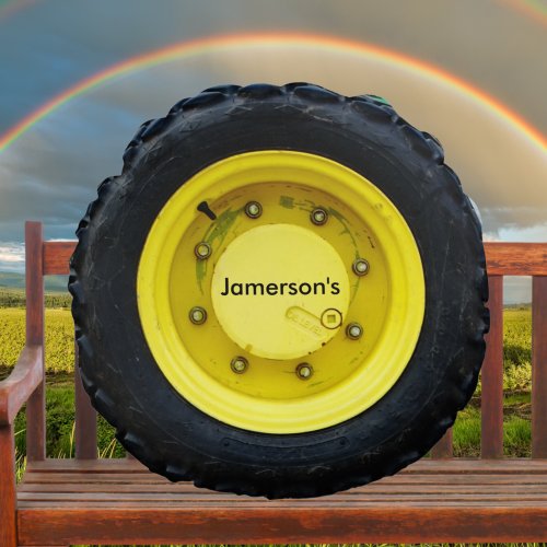 yellow personalized name tractor wheel tire round pillow