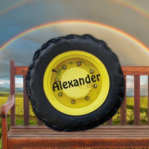 Yellow personalized name tractor wheel tire round pillow
