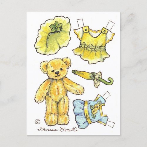 Yellow Petunia Teddy Bear Paper Doll cute Postcard