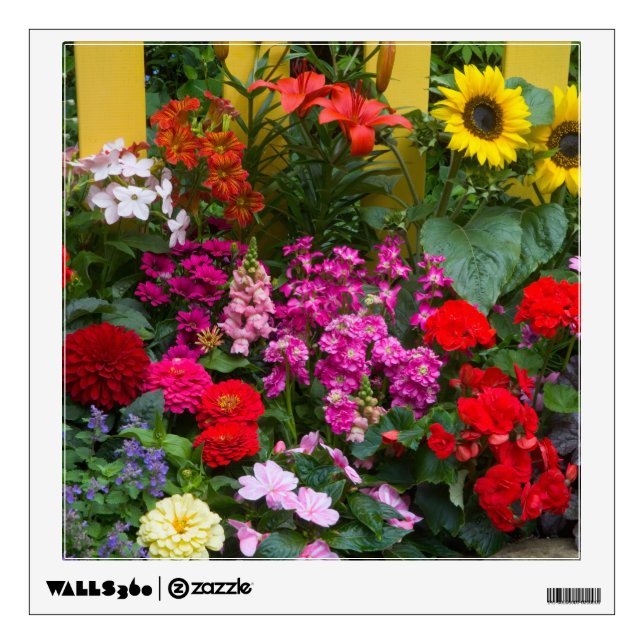 Yellow picket fence with flower garden in wall sticker (Front)