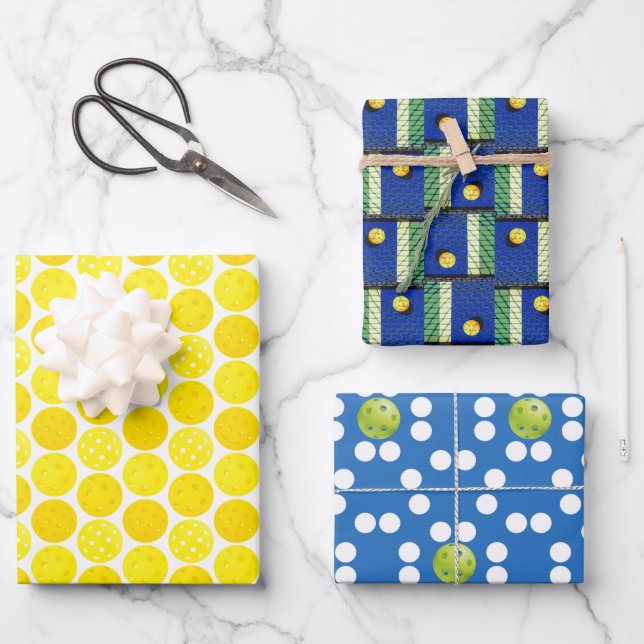 Yellow Pickleball Balls on Blue and White Wrapping Paper Sheets (Front)