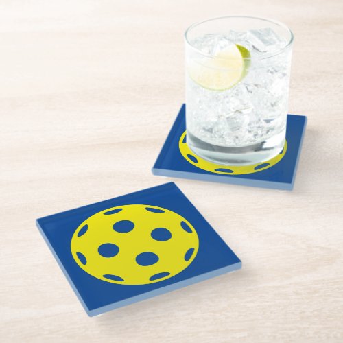 Yellow pickleball design glass drink coaster