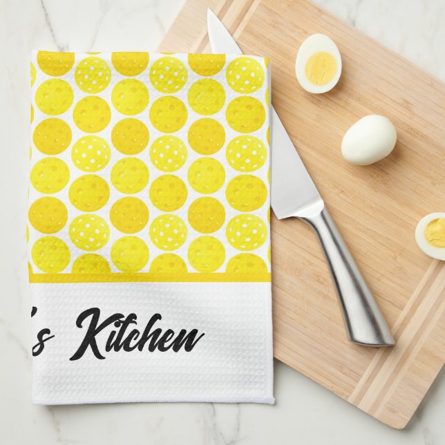 Yellow Pickleballs in the Kitchen Personalized Kitchen Towel (Quarter Fold)