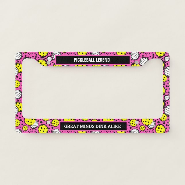 Yellow pickleballs on pink license plate frame (Front)