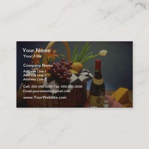 Yellow Picnic basket with wine, cheese, bread and Business Card
