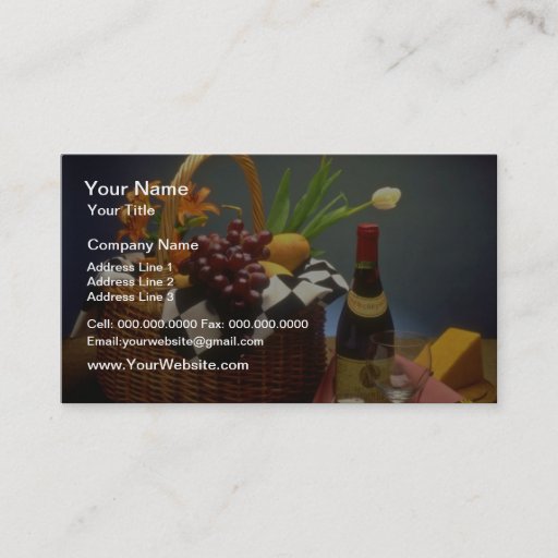 Customizable Yellow Picnic basket with wine, cheese, bread and Business Card