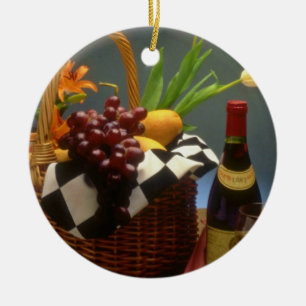 Yellow Picnic basket with wine, cheese, bread and Ceramic Ornament
