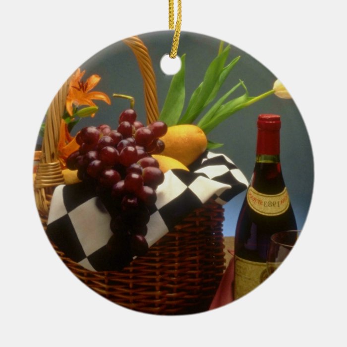 Yellow Picnic basket with wine, cheese, bread and Christmas Ornament