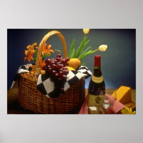 Yellow Picnic basket with wine cheese bread and Poster