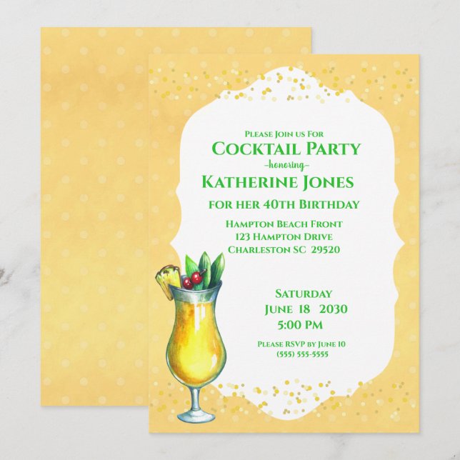 Yellow Pina Colada Birthday Cocktail Party    Invitation (Front/Back)