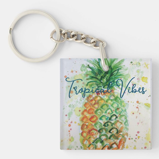 Yellow Pineapple Fruit Beachy Tropical Vibes Keychain (Front)