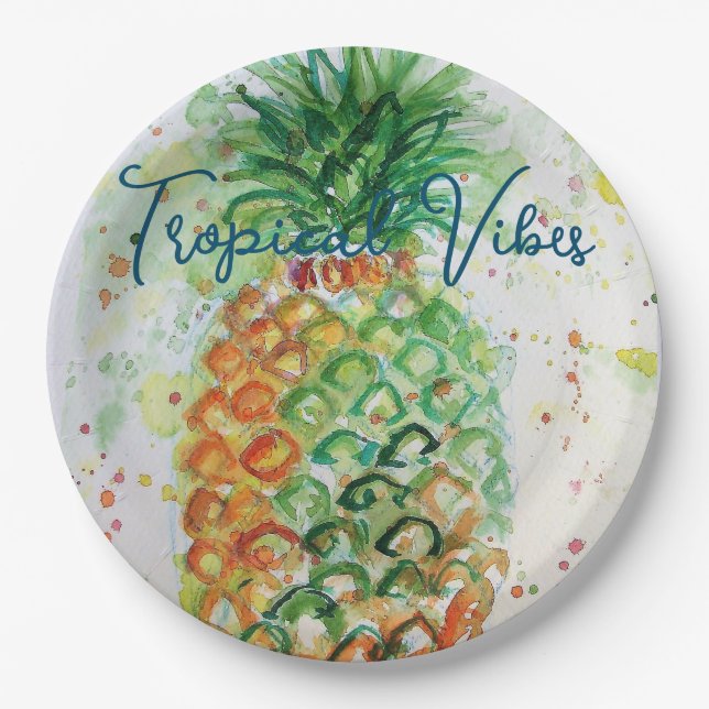 Yellow Pineapple Fruit Beachy Tropical Vibes Paper Plates (Front)