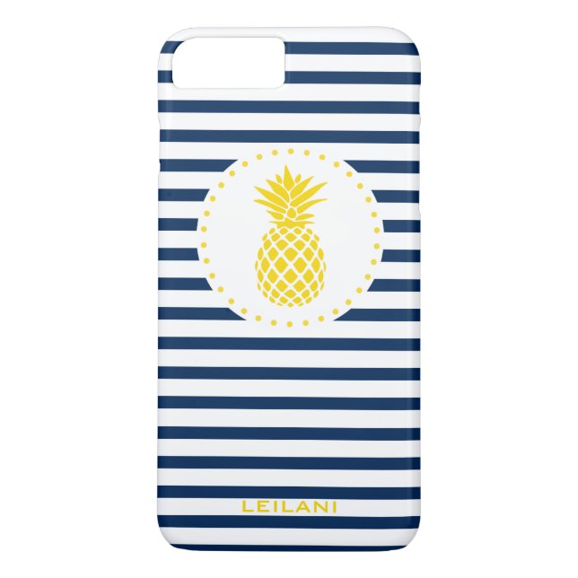 Yellow Pineapple Navy Striped Personalized Case-Mate iPhone Case (Back)