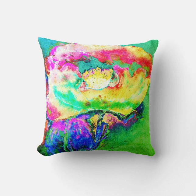 Yellow pink abstract poppy abstract watercolor  throw pillow (Front)