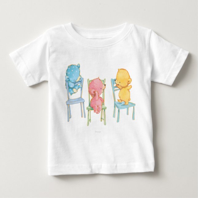 Yellow, Pink, and Blue Bears on Chairs Baby T-Shirt (Front)