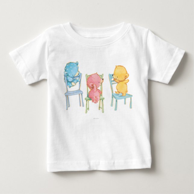 Yellow, Pink, and Blue Bears on Chairs Baby T-Shirt (Front)