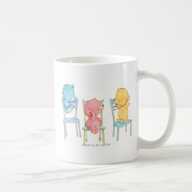Yellow, Pink, and Blue Bears on Chairs Coffee Mug (Right)