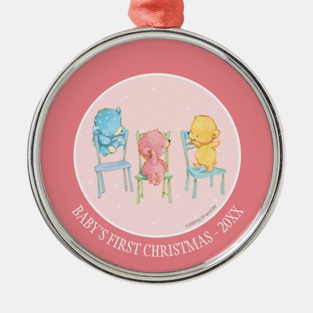 Yellow, Pink, and Blue Bears on Chairs Metal Ornament (Front)