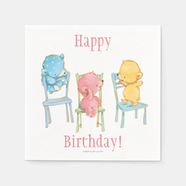 Yellow, Pink, and Blue Bears on Chairs Paper Napkins (Front)