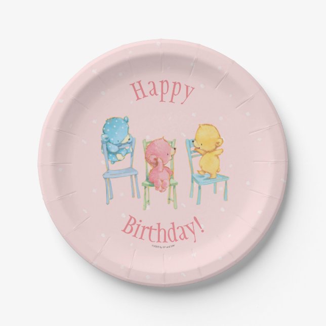 Yellow, Pink, and Blue Bears on Chairs Paper Plates (Front)