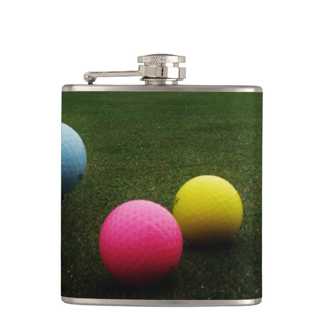 YELLOW, PINK AND BLUE Golf Balls Flask (Front)