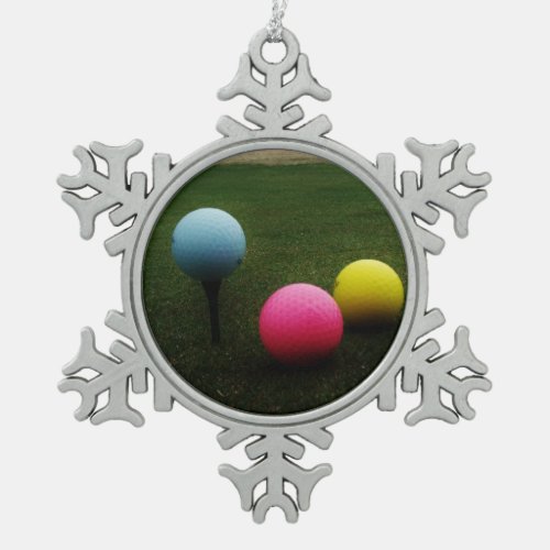 YELLOW PINK AND BLUE Golf Balls Snowflake Pewter Christmas Ornament