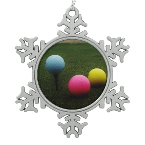 YELLOW, PINK AND BLUE Golf Balls Snowflake Pewter Christmas Ornament