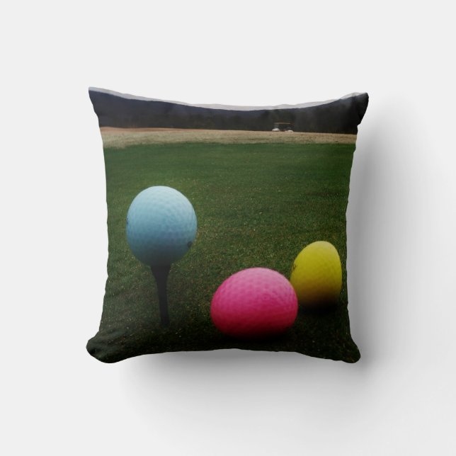 YELLOW, PINK AND BLUE Golf Balls Throw Pillow (Front)