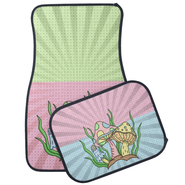 Yellow, Pink and Blue Retro Pop art Style Mushroom Car Floor Mat (Set)