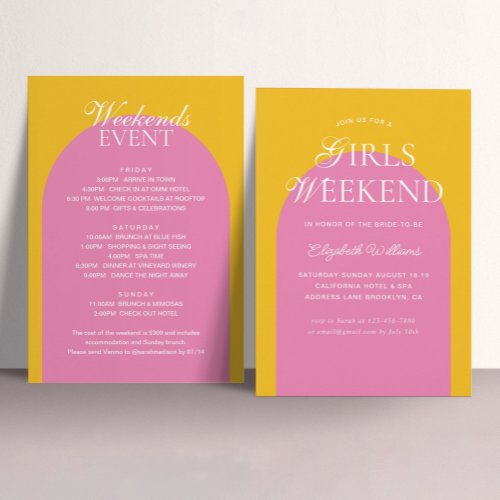 Yellow Pink Arch Girls Weekend Bachelorette Party Invitation