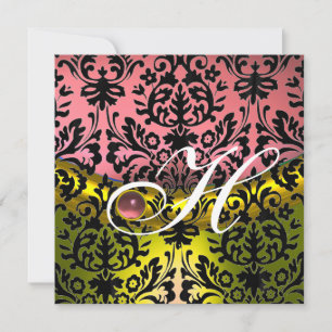 YELLOW PINK  BLACK DAMASK MONOGRAM Amethyst Invitation