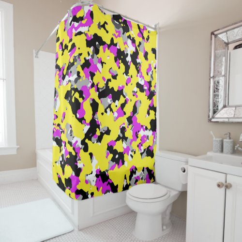 Yellow Pink Black Grey Camouflage Camo Pattern Shower Curtain