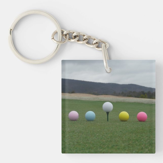 YELLOW, PINK, BLUE AND WHITE  Golf Balls Keychain (Front)