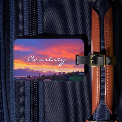 Yellow pink blue coastal sunset photo custom name luggage tag