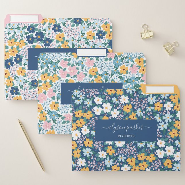 Yellow Pink Blue Floral Pattern Name In Script File Folder (Set)