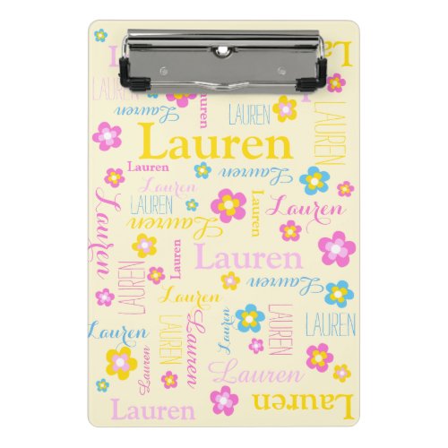Yellow pink blue girls name Lauren flower  Mini Clipboard