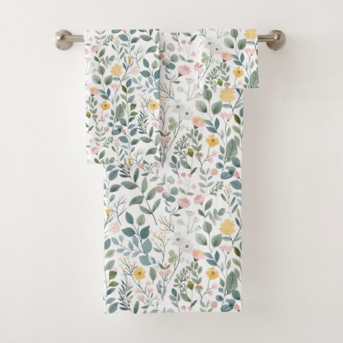 Yellow Pink Blue Green Floral Watercolor Gift Bath Towel Set