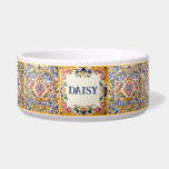 Yellow Pink & Blue Mediterranean Tile Custom Pet<br><div class="desc">"personalized custom pet name",  "dog cat feeding bowl",  "yellow pink blue cream",  "authentic mediterranean ceramic tile",  "traditional spanish painted painting",  "square tiled floral abstract tiles",  "vintage antique customized bowl",   "personal puppy kitten feed dish",  "italian sicilian portuguese style",  "pretty summery golden sunny"</div>
