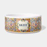 Yellow Pink & Blue Mediterranean Tile Custom Pet Bowl<br><div class="desc">"personalized custom pet name",  "dog cat feeding bowl",  "yellow pink blue cream",  "authentic mediterranean ceramic tile",  "traditional spanish painted painting",  "square tiled floral abstract tiles",  "vintage antique customized bowl",   "personal puppy kitten feed dish",  "italian sicilian portuguese style",  "pretty summery golden sunny"</div>